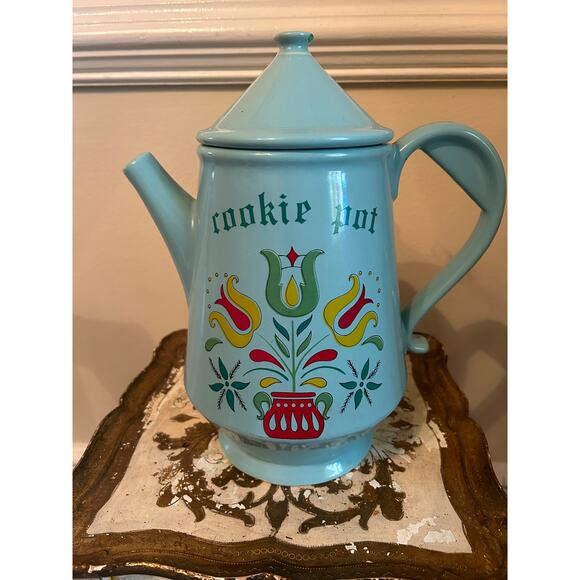McCOY USA Vintage turquoise cookie jar Dutch tulip design - Picture 1 of 6